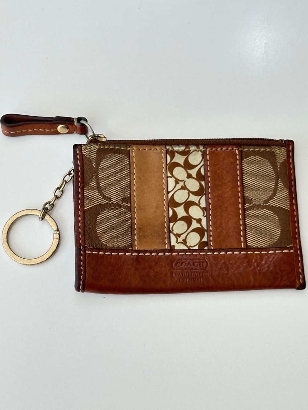 Vintage COACH Signature Zipper Change Purse Card Holder With Key Ring Keychain